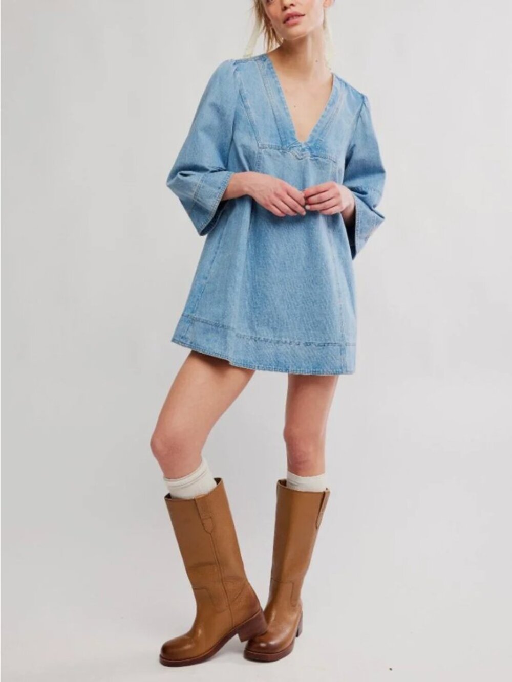 FREE PEOPLE NWT Goldie Balloon Sleeve Denim Mini Dress / Celestial Blue XS